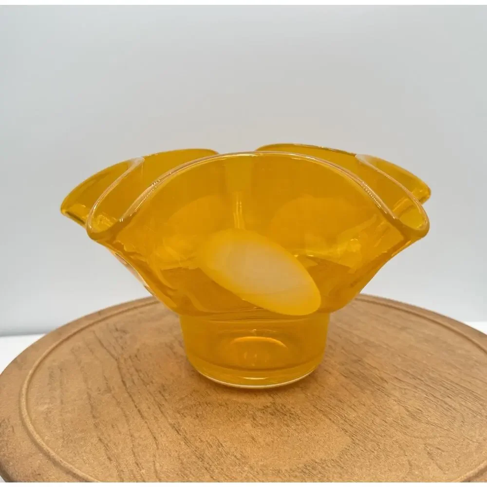 Vintage Murano Yellow & White Art Glass Dish‎ or Bowl 5” Tall x 8” Wide READ